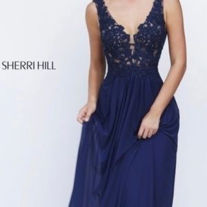 Long Navy Blue Sherri Hill Prom Dress